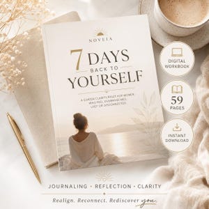 Könnte beinhalten: Ein Arbeitsbuch mit dem Titel 7 Days Back To Yourself, dessen Einband eine Person am Ozean zeigt. Der Text enthält A Guided Clarity Reset For Women Who Feel Overwhelmed, Lost Or Disconnected. Es sind 59 Seiten und ein Sofort-Download angegeben.