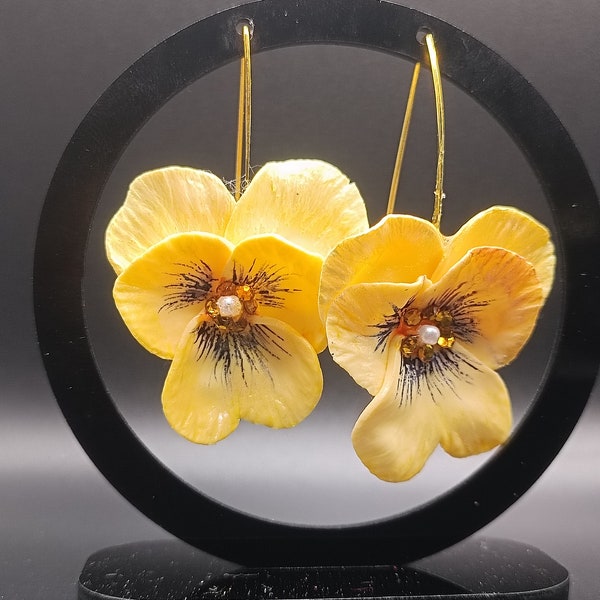 Earrings Flower Boucles d'oreilles Crochets Long "Les Pensées Vanille" en Cernit Polymer Clay Handmade Jewelry Flower