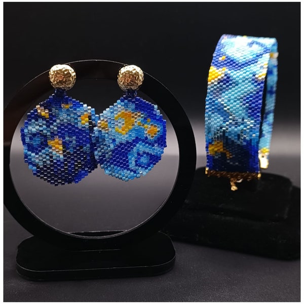 Ensemble Parure de bijoux bracelet et boucles d'oreilles Clous "la Nuit étoilée Van Gogh" tissée en perles Miyuki Delica