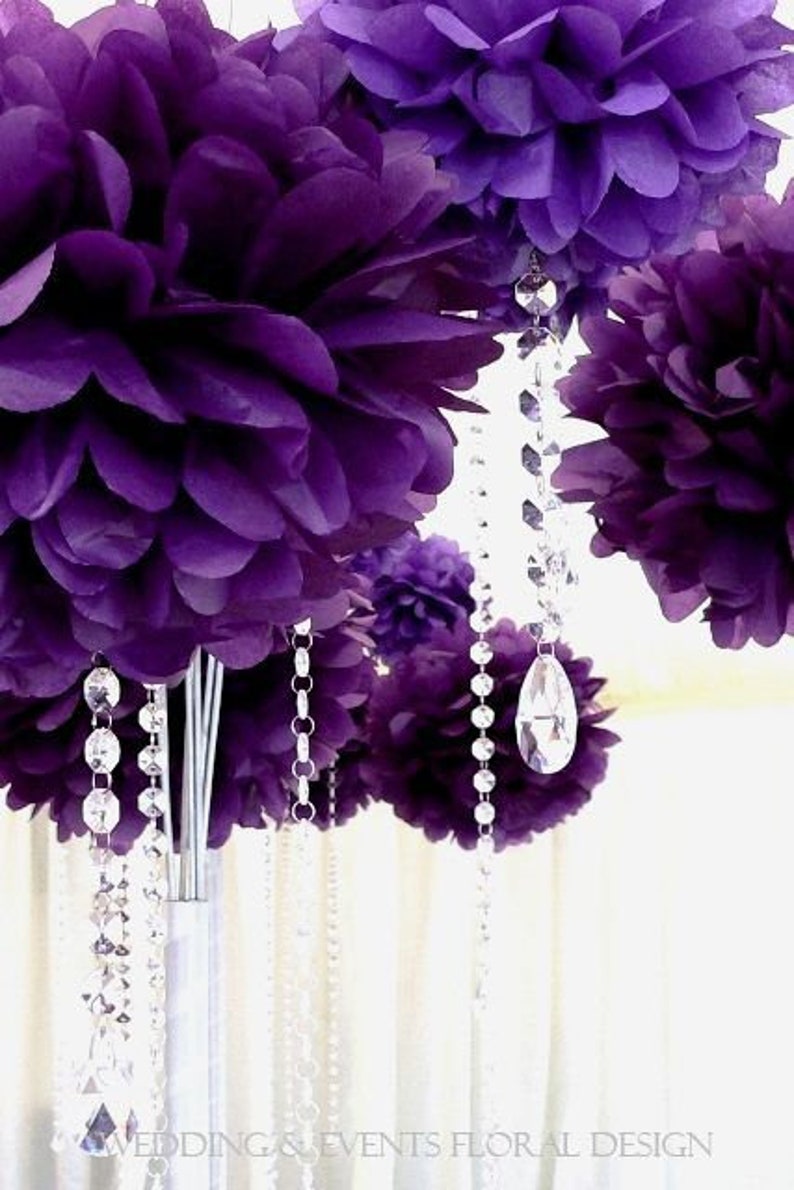 5 Pompoms Tissue Paper Purple 20 Cm Wedding Set Silk Blossoms Etsy