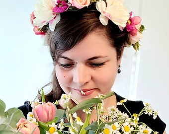 Blumenkranz Braut Brautfrisur rosa-weiß-apricot Blüten Hochzeit Haarschmuck Blumen Wiesn Oktoberfest braut frisur Kopfschmuck