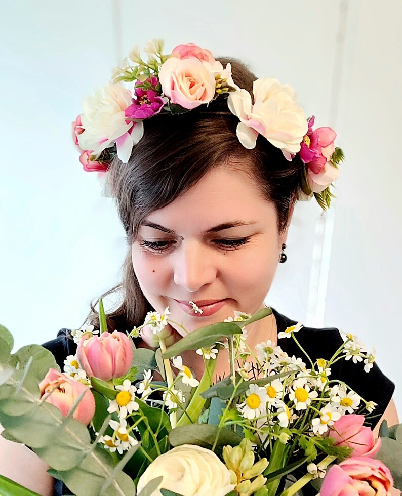 Blumenkranz Braut Brautfrisur rosa-weiß-apricot Blüten Hochzeit Haarschmuck Blumen Wiesn Oktoberfest braut frisur Kopfschmuck Bild 1