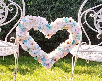 Flower heart or & sign made of wood and silk flowers 30 cm high wedding
