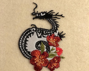 Applique - Black Dragon with Red Blossoms Iron On