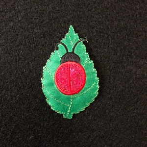 Puede incluir: Una mariquita roja con manchas negras está bordada en una hoja verde. La hoja es un diseño simple con una punta puntiaguda y bordes irregulares.