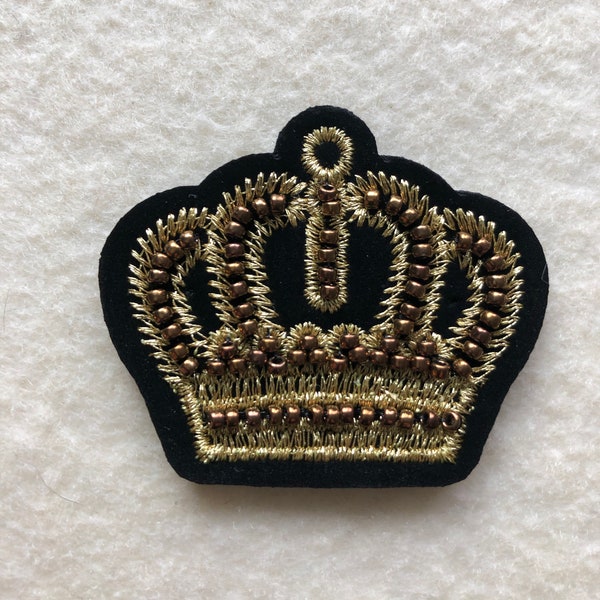 Applique - Crown Embroidered with Gold Metallic Thread and Beading Iron On