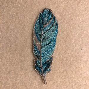 Applique - Elegant Embroidered Feather in Blues and Metallic Silver - Iron on