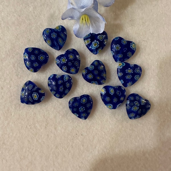 Blue Heart Shaped Glass Millefiori Beads Set of 12