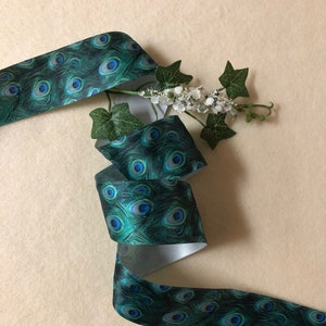 Peacock Feathers Printed on 1 1/2 Inch Double Face Satin