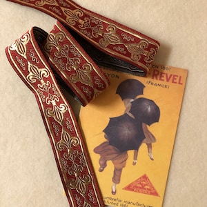 Fleur de Lys Jacquard Ribbon - Dark Red and Gold