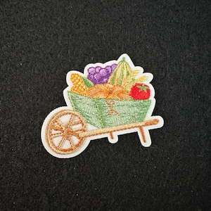 Puede incluir: Una carretilla verde llena de una variedad de frutas y verduras coloridas, incluyendo maíz, uvas, tomates y calabazas. La carretilla está sobre un fondo negro.