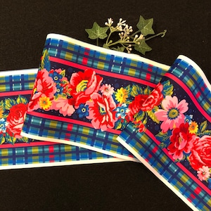 French Velvet Border - Bright Pink Flowers on Blue Plaid