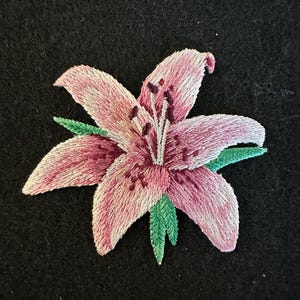 Pode incluir: Flor de lírio rosa bordada com folhas verdes sobre um fundo preto. A flor tem costuras detalhadas com tons de rosa e roxo. As folhas são de um verde vibrante, e o design é um motivo floral.
