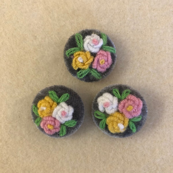 Button with Hand Embroidered Flowers on Grey Velvet