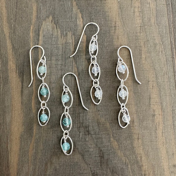 Sterling Silver Triple Oval Chain Earrings with Gemstone Bead in Aqua Apatite or Rainbow Moonstone