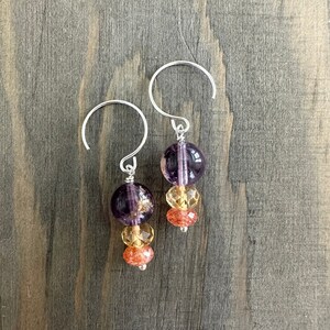 Super Seven Amethyst Dangle Earrings with Yellow Citrine and Orange Sunstone Beads in Sterling Silver