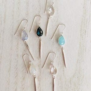 Teardrop Bezel Spike Dangle Earrings in Crystal Quartz, Rose Quartz, Moonstone, Labradorite, Aqua Chalcedony, Light Blue Natural Chalcedony