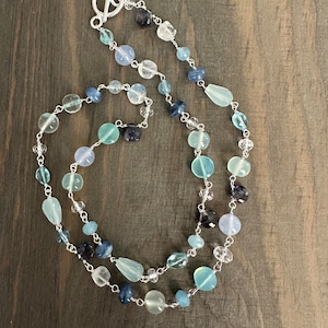 Gemstone Necklace Beads of Blues and Aqua, Wire Wrapped in Argentium Sterling Silver