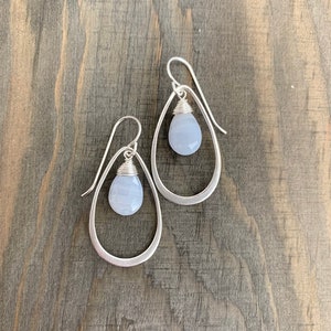 Sterling Silver Open Teardrop Long Dangle Earrings with Blue Lace Chalcedony Teardrop Gemstone Dangle