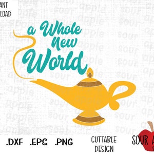 Um mundo totalmente novo, lâmpada mágica, lâmpada genie, arquivos de corte inspirados em filmes mágicos em formato Svg, Esp, Dxf e Png