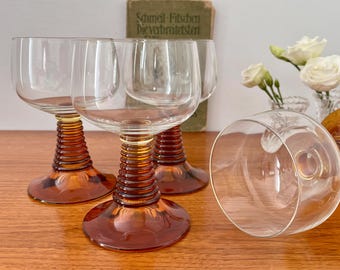Vintage, 4 wine glasses, Römer, Schoppen glasses, 0.2 liters, Gastro, white wine glasses, 70s, brown glass stem, collector's items