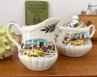 Vintage, W. H. Grindley, Creamer and Sugar Pot, 'Sunday Morning', Staffordshire, England, Village Scene, 1980's/90's, Romantic