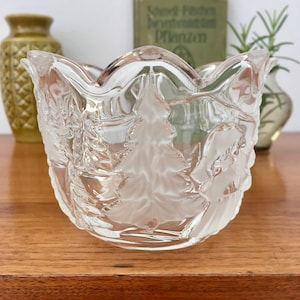 Vintage, Teelicht, geschliffenes Glas, Tannenbäume, Winterlandschaft, Weihnachten, gezackter Rand, 80er/90er, Sammlerstück