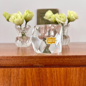 Vintage candlestick, crystal glass. Mid-Century Modern, faceted, hand-cut, handmade, 1970s, original sticker, collectible