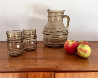 Vintage Saftkrug + 2 Gläser, Wasserkrug, Glaskrug Vintage, original 70er Jahre Krug, original Vintage, Wasserkrug Vintage