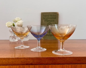 Vintage, midcentury, 3 liqueur glasses, sherry glasses, small glasses, 50s, colored glass, collectibles
