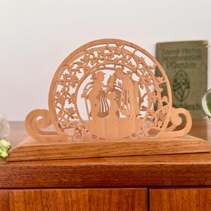 Vintage, napkin holder, wood, handmade, 70s, filigree, historical scenery, collector's item, napkin stand