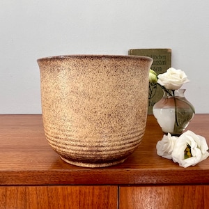 Può includere: Un vaso da fiori in ceramica di colore beige e marrone macchiato con un fondo arrotondato e un bordo leggermente svasato. Il vaso è appoggiato su una superficie di legno.
