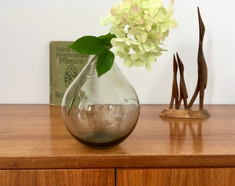 Vintage, vase, glass vase, Space Age, 60s/70s, smoked glass, grey, cut decor, circles, collector's item