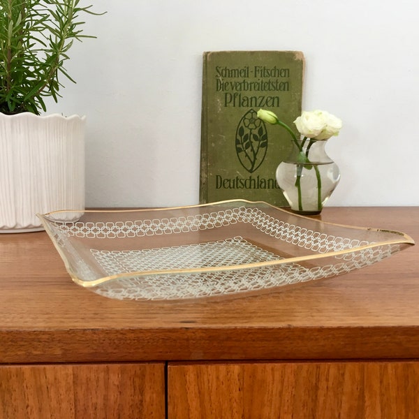 Vintage, flache Glasschale, 50er/60er, midcentury, geometrisches Dekor, Goldrand