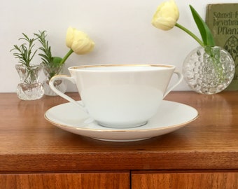 Vintage, 1 soup cup with saucer, Eschenbach Bavaria, 60s, white porcelain, gold rim, made in Germany