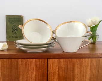 Vintage, 3 soup cups with saucers, Seltmann Vohenstrauß Bavaria, porcelain, gold rim, 60s, made in Germany, collector's items