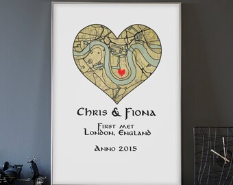 Custom Love Map, Personalised Where We Met, First Date Anniversary, Engaged Wedding Day, Geeky Gift him her, Girlfriend Gift, Boyfriend Gift