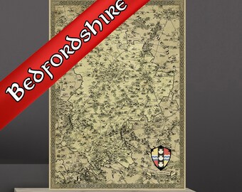Bedfordshire Canvas, Fantasy Bedford Map, Luton Map Print, Dunstable Gift, Present Mum Dad, Medieval Cartography Gift, Old Vintage Map