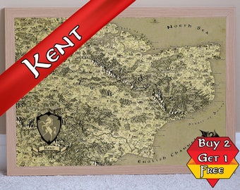Kent Fantasy Map Print, A3 A2 A1 Canterbury Poster, Unique Reader Gift, Geeky Gift for Him, Nerdy Gift Her, Fun Gift for Dad, Gift for Mum