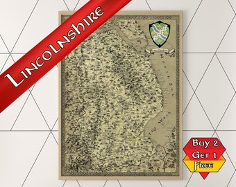Lincolnshire Map, Lincoln Print, Fantasy Poster, Geeky gift for him, Lincolnshire Fens Art, Gamer Gift, Vintage Map, Fantasy Cartography