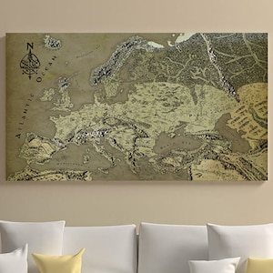 Toile de carte fantastique de l'Europe, art de la toile de l'Europe, art mural de l'Europe, carte du continent, cadeaux pour lui, cadeaux geek, dessinés à la main, remplissage de bas