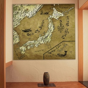 Carte du Japon en toile fantaisie, cadeau Japon, cadeau japonais, art mural japonais, cadeau geek pour lui, cadeau geek pour elle, dessiné à la main, carte du pays