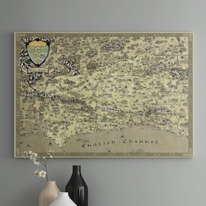 Lienzo de West Sussex, Mapa de fantasía, Dibujado a mano, Impresión de West Sussex, Regalo para él ella, Presente para mamá papá, Mapa de West Sussex, Mapa de Chichester