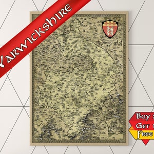 Impression de carte du Warwickshire, affiche fantastique du Warwickshire, cadeau geek pour lui, cadeau ringard pour elle, cadeau joueur, dessiné à la main, remplissage de bas