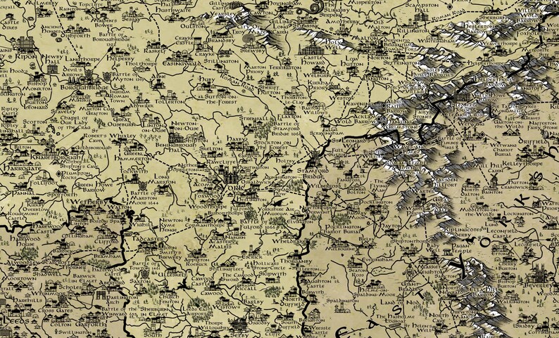 May include: A detailed, vintage-style map of a fictional land with a parchment background. The map features numerous towns, cities, rivers, and mountains. The map is titled "The North" and includes the text "The Wall" and "The Wolfswood".