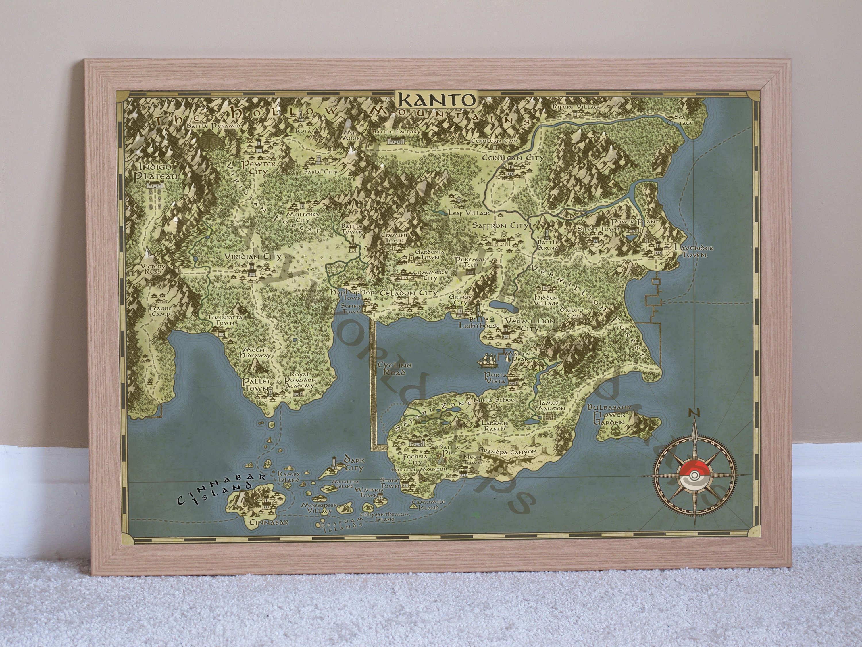 Pokemon Print Kanto Map Anniversary Gift For Him Nerdy Gift Etsy Hong 