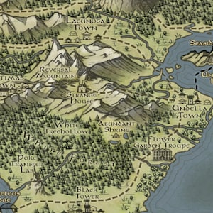 May include: A hand-drawn map with a variety of locations, including towns, forests, mountains, and a cave. The map is drawn in a whimsical style with a light blue background and brown lines.