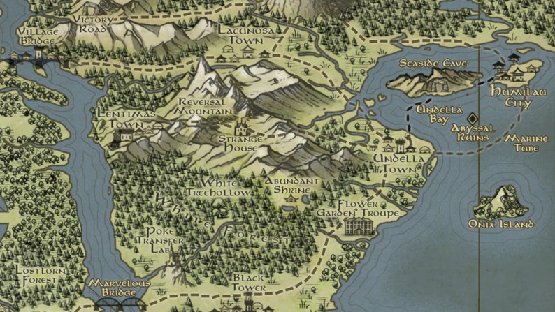 May include: A hand-drawn map with a variety of locations, including towns, forests, mountains, and a cave. The map is drawn in a whimsical style with a light blue background and brown lines.
