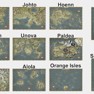 May include: A map of the different regions in the Pokemon video game series. The regions are Kanto, Johto, Hoenn, Sinnoh, Unova, Kalos, Alola, Galar, Paldea, Orange Isles, and Sevii Isles.