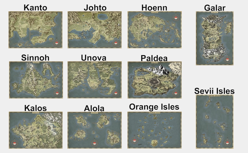 May include: A map of the different regions in the Pokemon video game series. The regions are Kanto, Johto, Hoenn, Sinnoh, Unova, Kalos, Alola, Galar, Paldea, Orange Isles, and Sevii Isles.